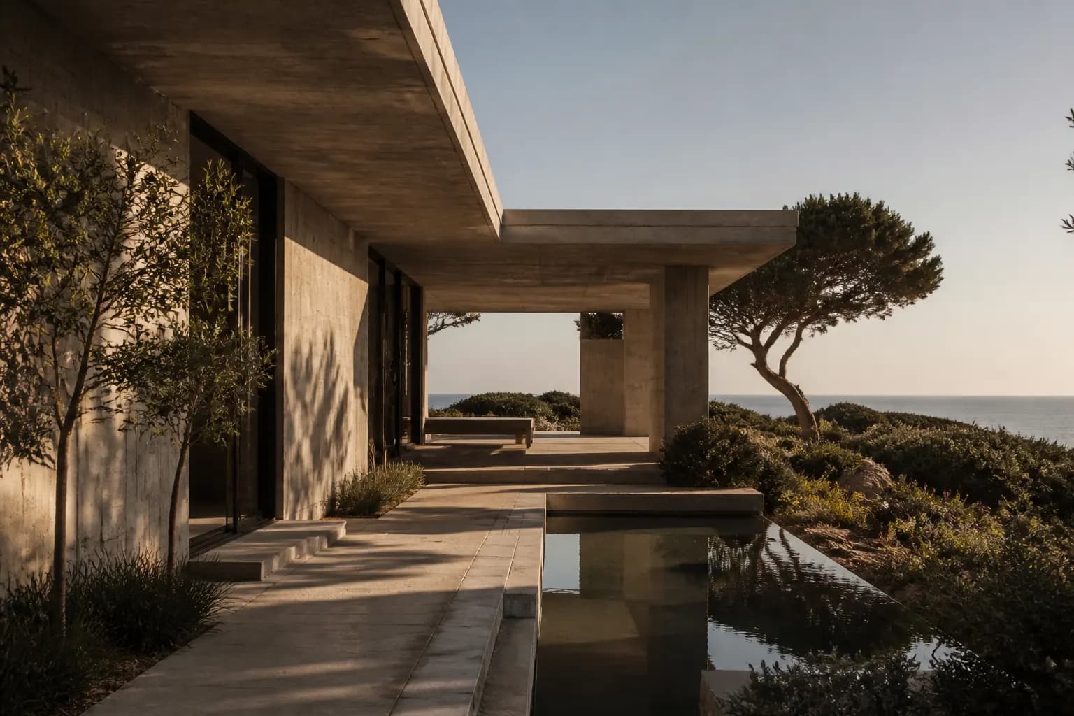 Courtyard House, fictional architect project visual. Fictional coastal concrete residence, courtyard, and reflecting pool