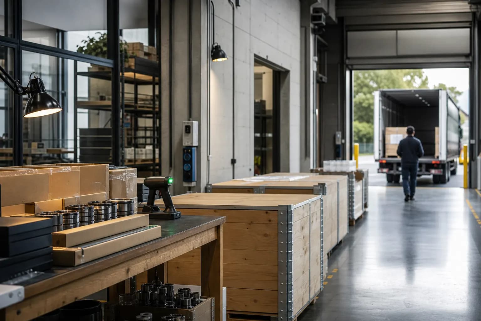 Fictional modern manufacturing and dispatch floor with packaged components and an anonymous worker at the loading corridor