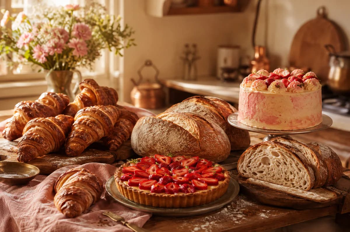 Croissants, sourdough, strawberry tart and celebration cake in a warm artisan kitchen