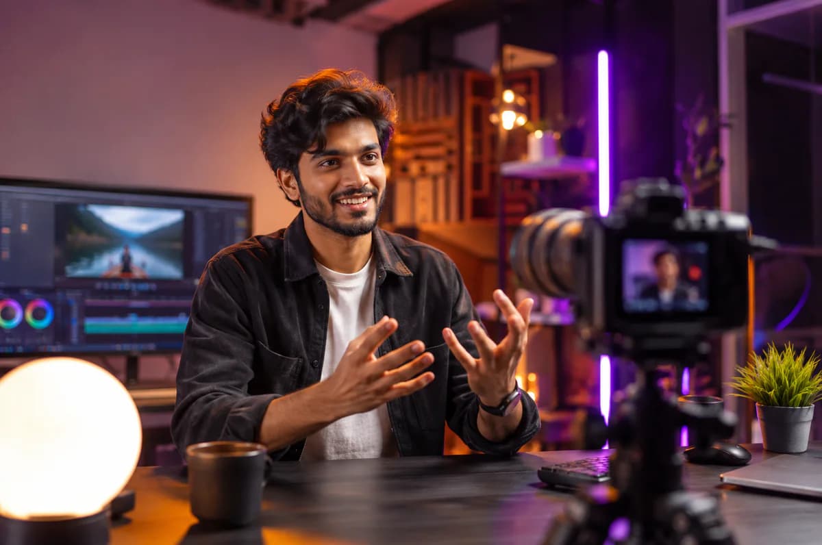 Fictional Indian creator filming in an orange and violet studio