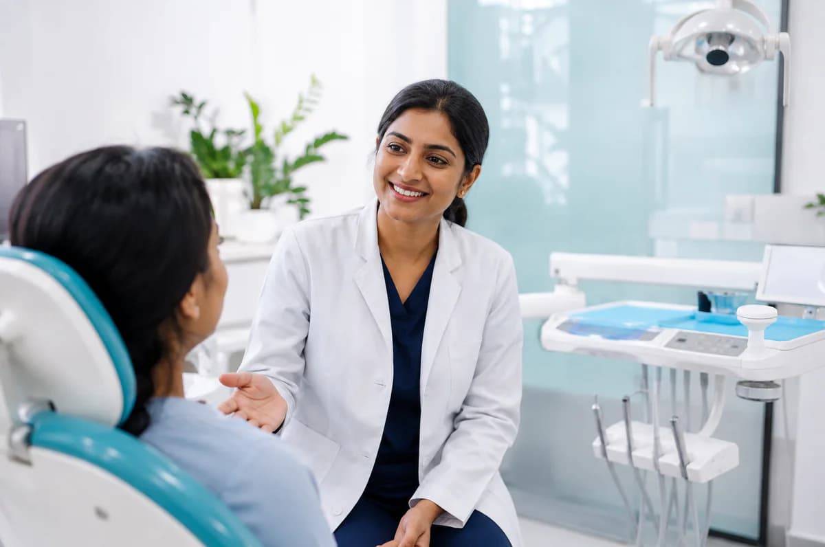 Fictional Indian dentist welcoming a patient in a bright aqua clinic