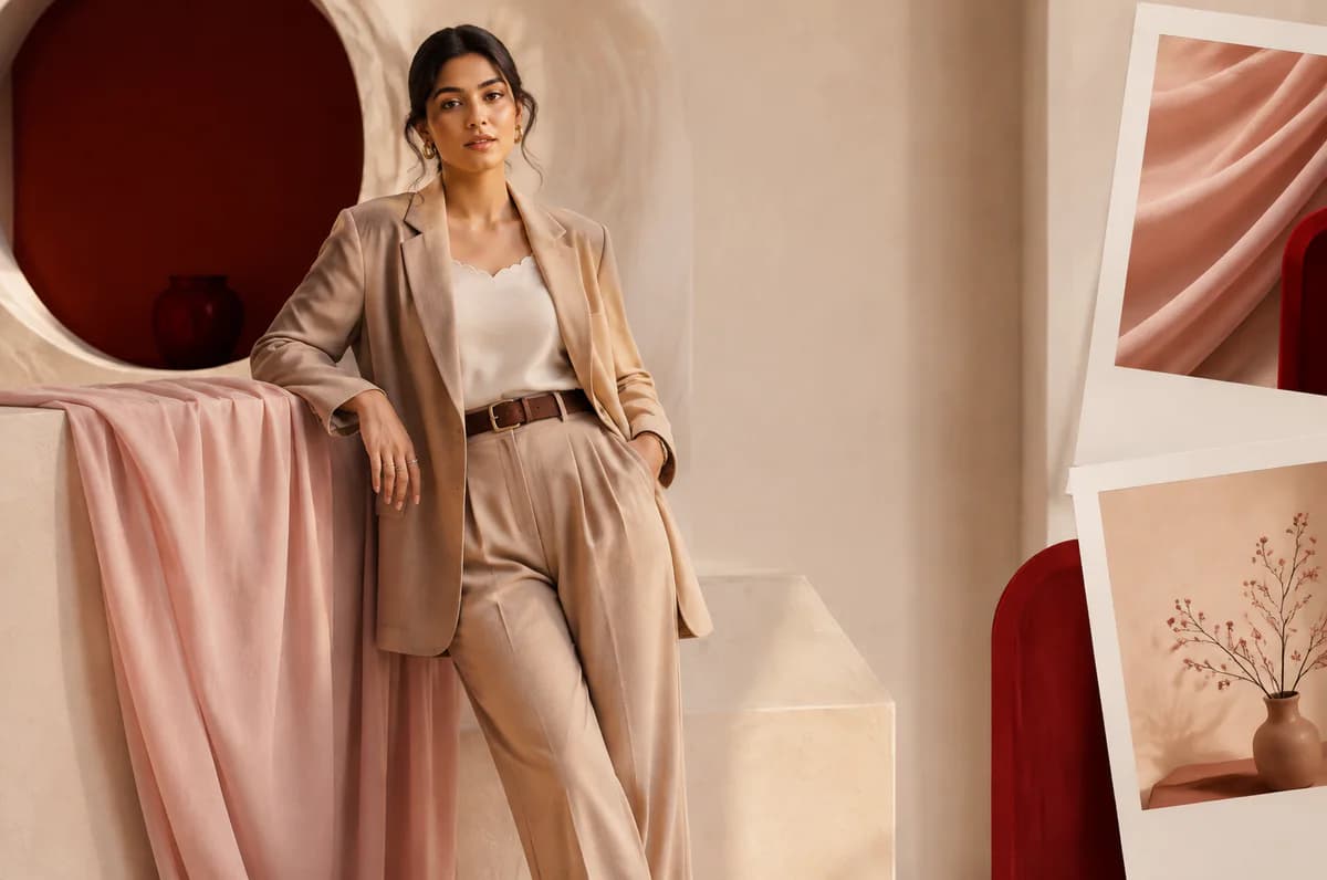 Fictional Indian fashion creator in a beige and blush editorial studio