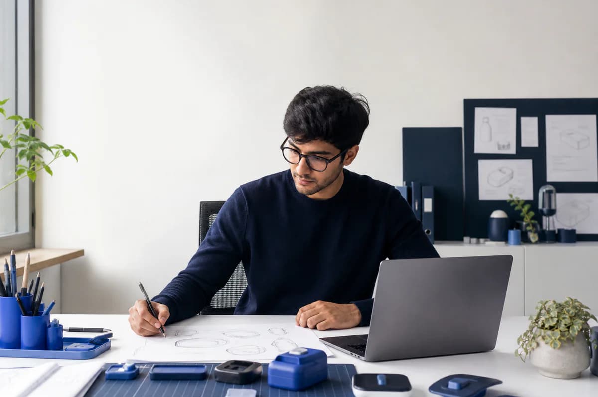 Fictional Indian product designer sketching beside a laptop in a bright studio