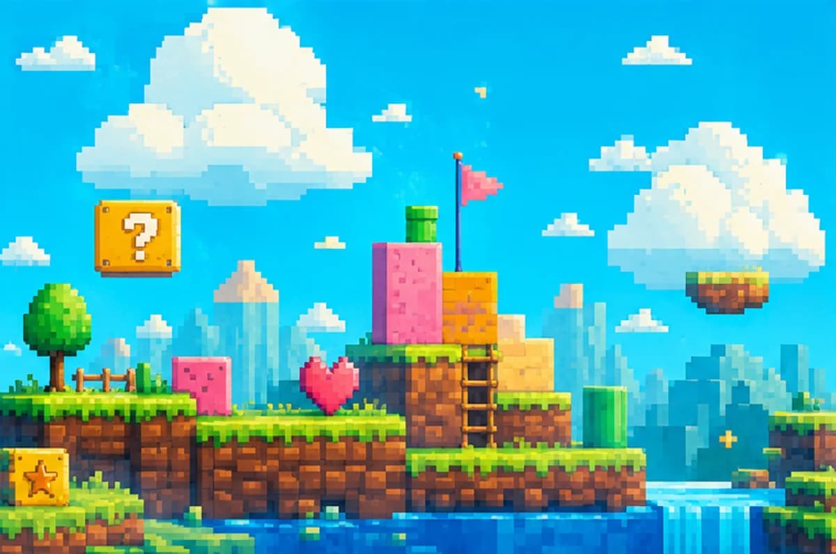 Colourful pixel-art platform world with clouds, blocks and flags