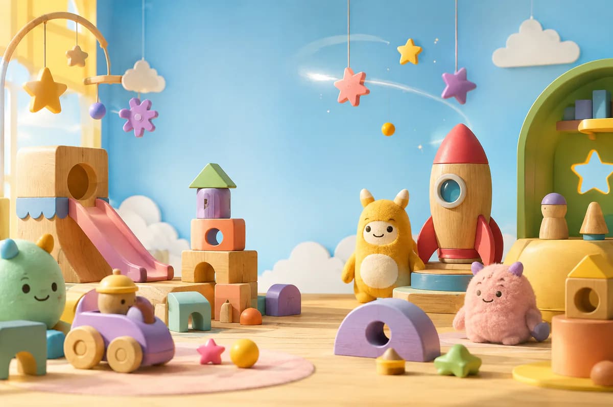 Original wooden toys and friendly plush creatures in a colourful playroom world