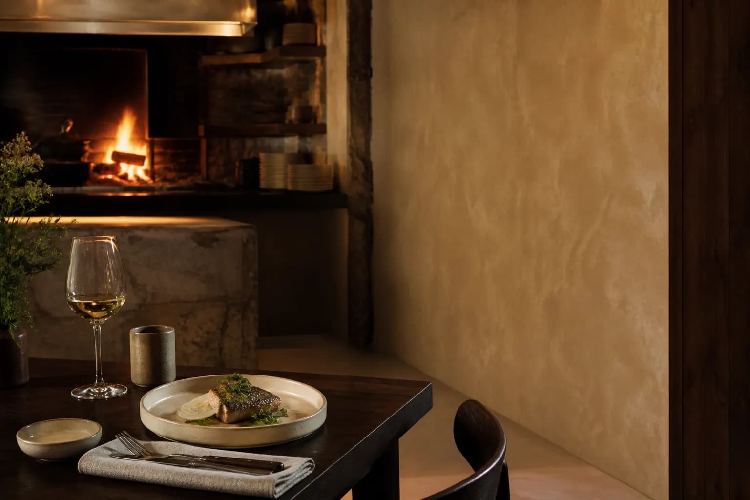 Restaurant fictional business environment. Ember-lit fictional neighbourhood restaurant with a composed seasonal plate