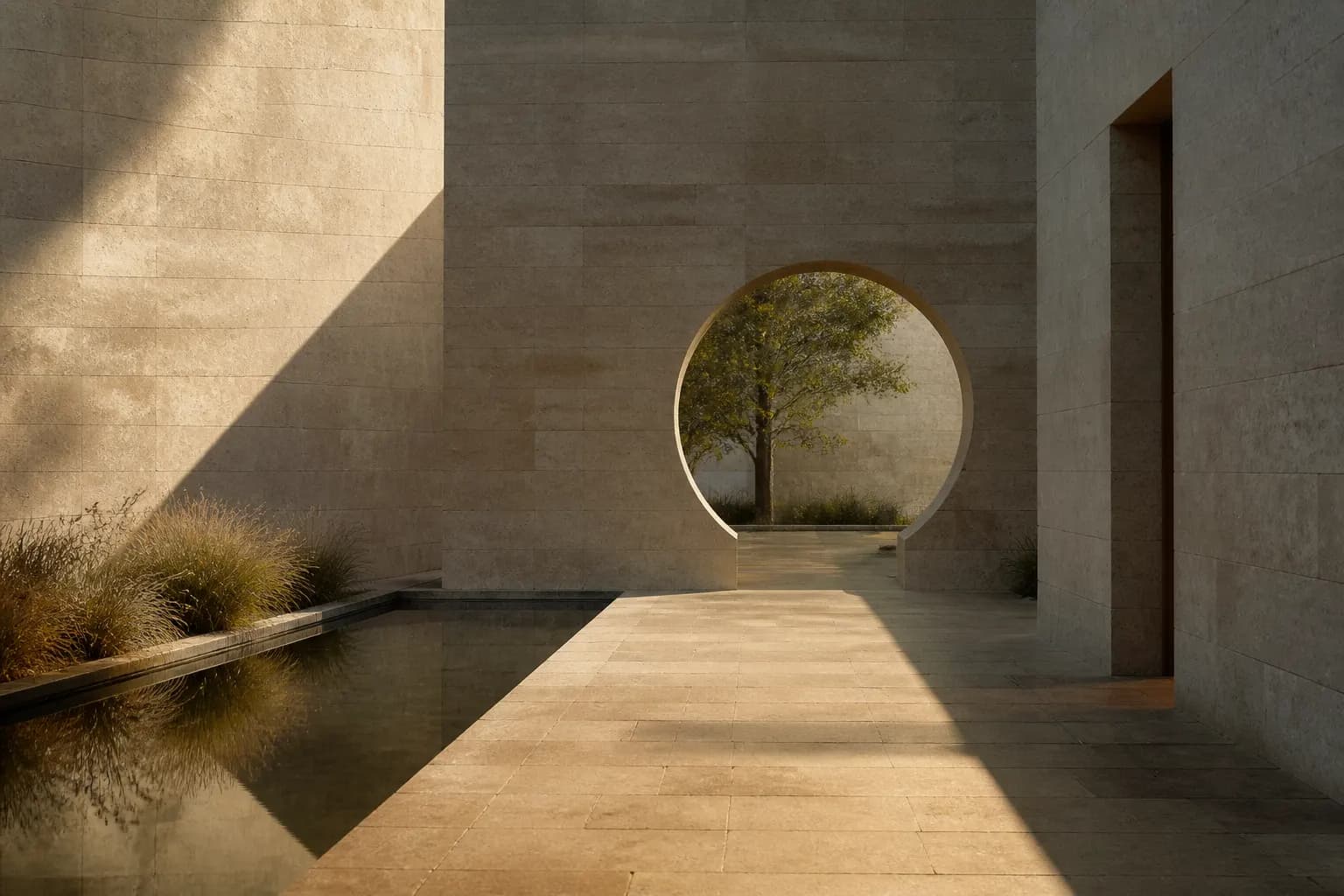 Quiet fictional stone courtyard, reflecting pool, and circular opening representing AERA