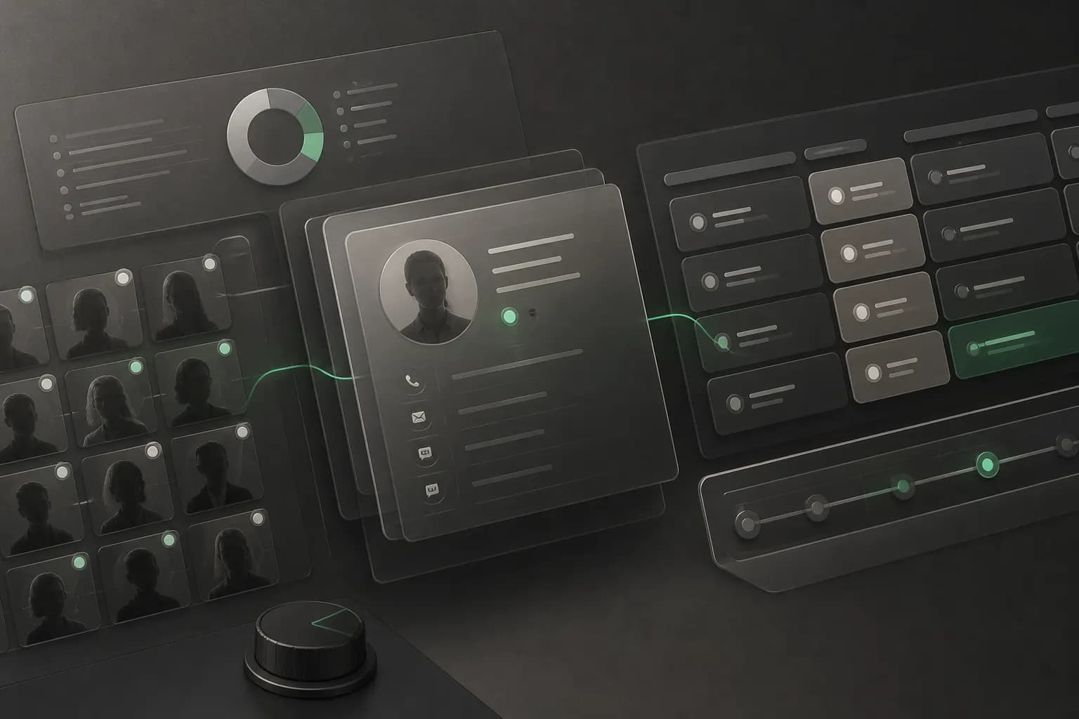 Spatial customer relationship cards and an emerald pipeline signal representing Atlas CRM