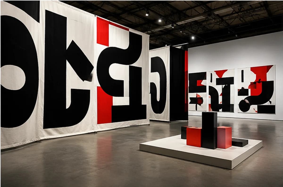 Experimental gallery installation with abstract black, white and red forms
