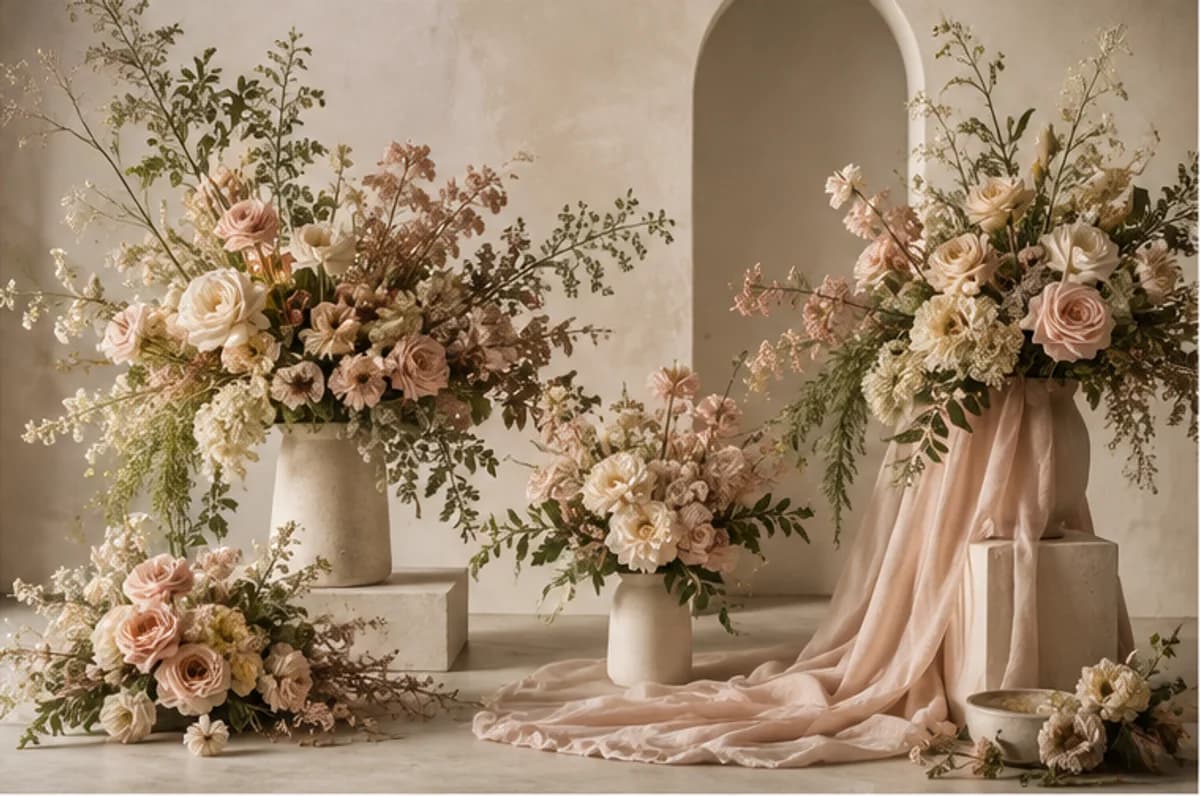 Romantic sculptural floral arrangements in an ivory arched studio