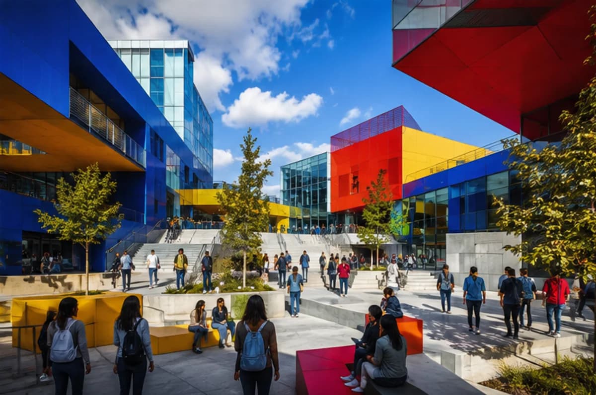 Colourful contemporary university courtyard with students