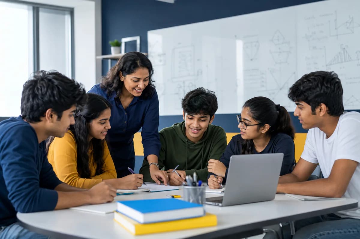 Fictional Indian students and teacher collaborating in a blue and yellow classroom