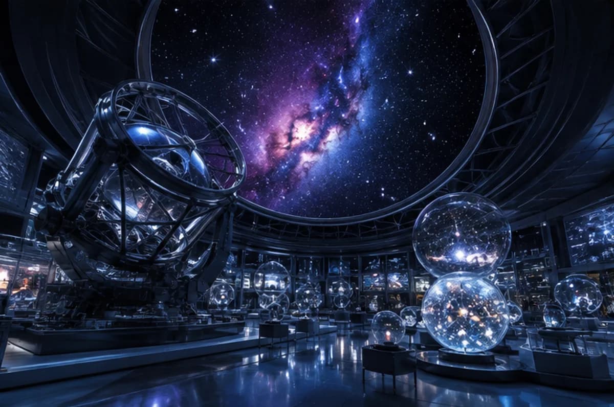 Fictional deep-space observatory with glass instruments beneath a nebula
