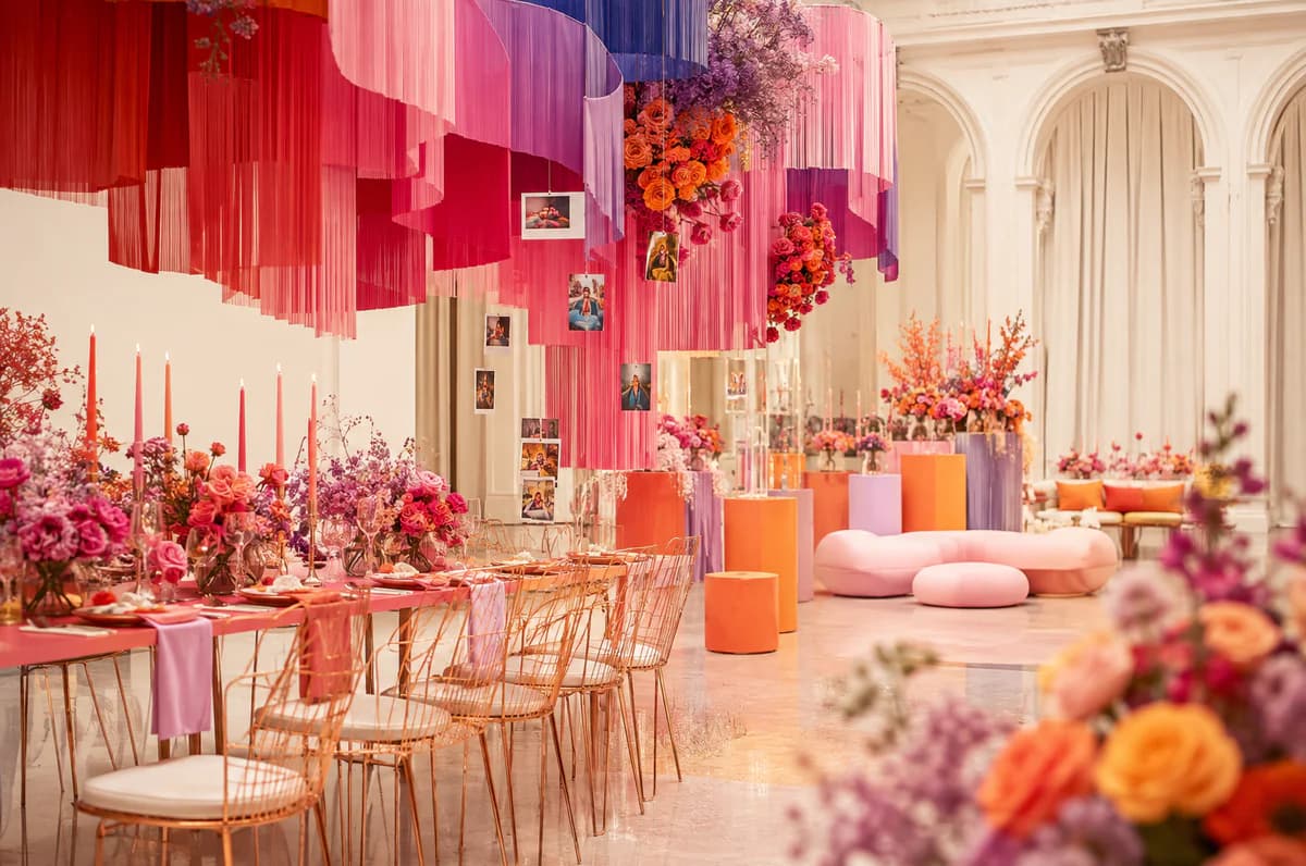 Vibrant cream venue with pink purple and orange celebration installations