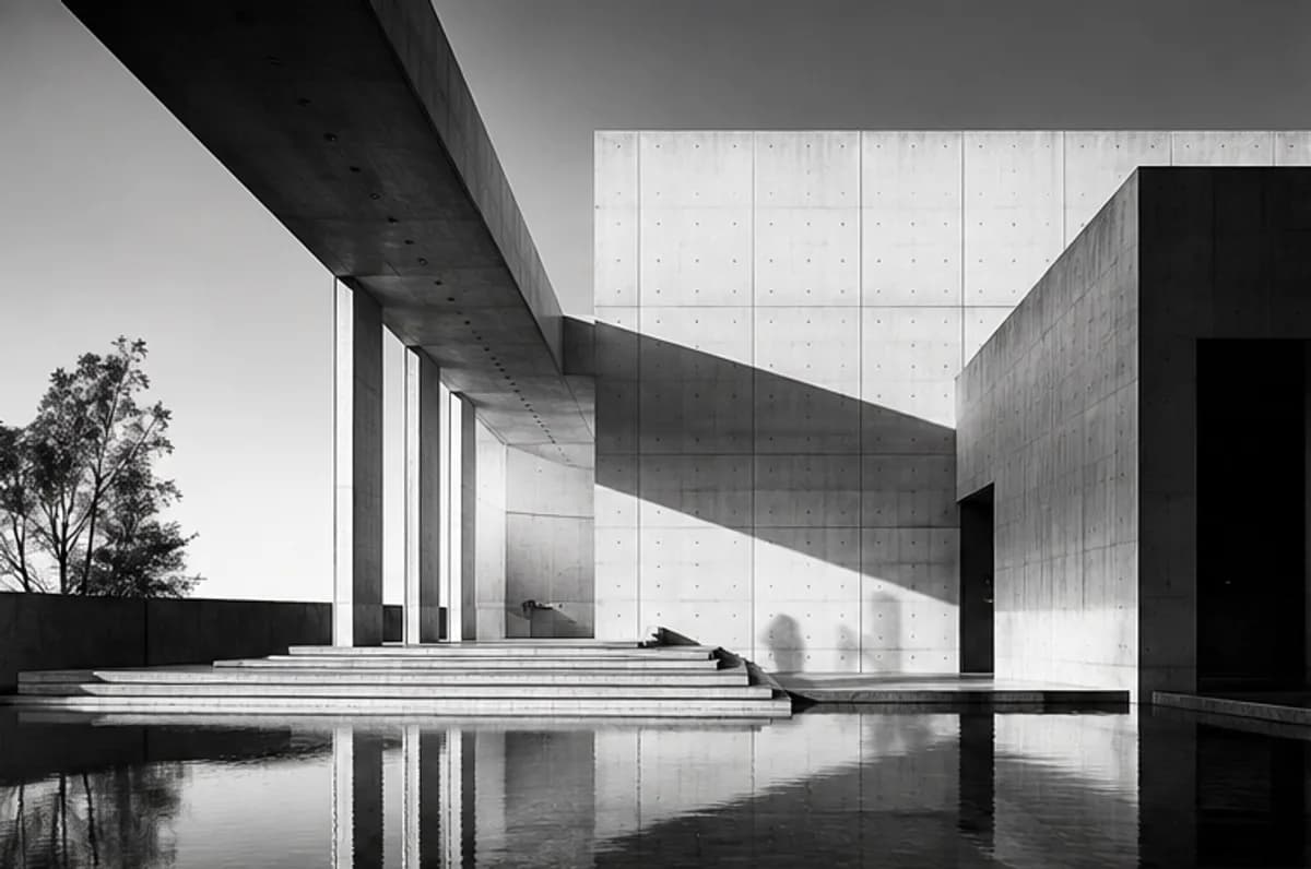 Monochrome modernist architecture reflected in a still pool
