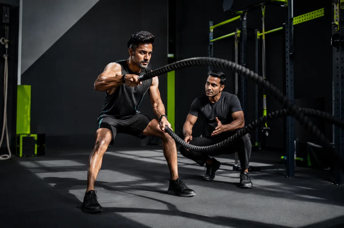 Fictional Indian adults doing coached functional training in a black and lime gym