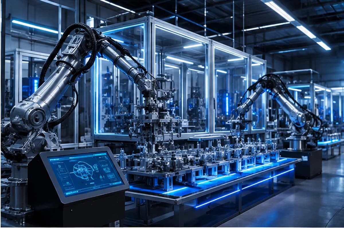 Advanced unbranded robotics operating in a clean blue-lit factory