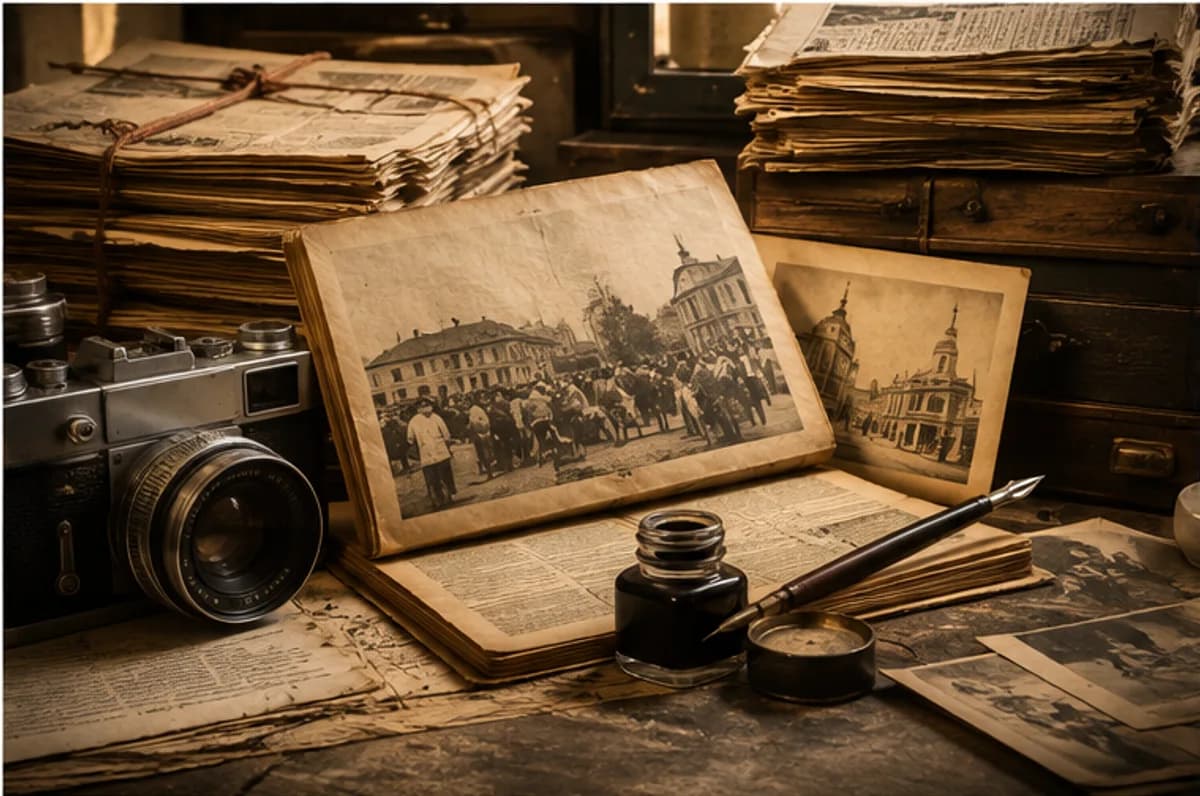Sepia archive desk with old newspapers, camera, ink and photographs