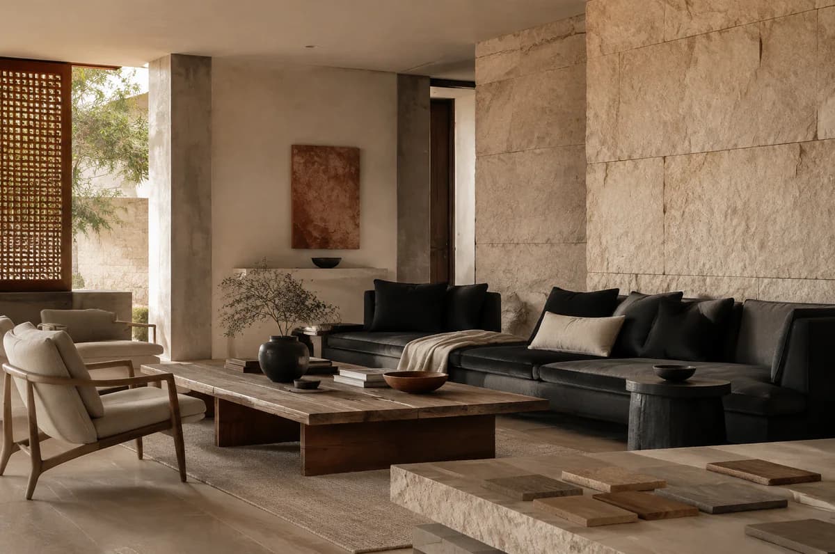 Warm beige and clay contemporary living room with crafted wood and linen