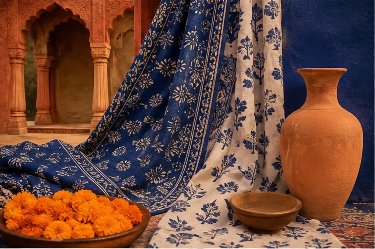Indigo block-print textile, terracotta vessels and marigolds beneath carved arches