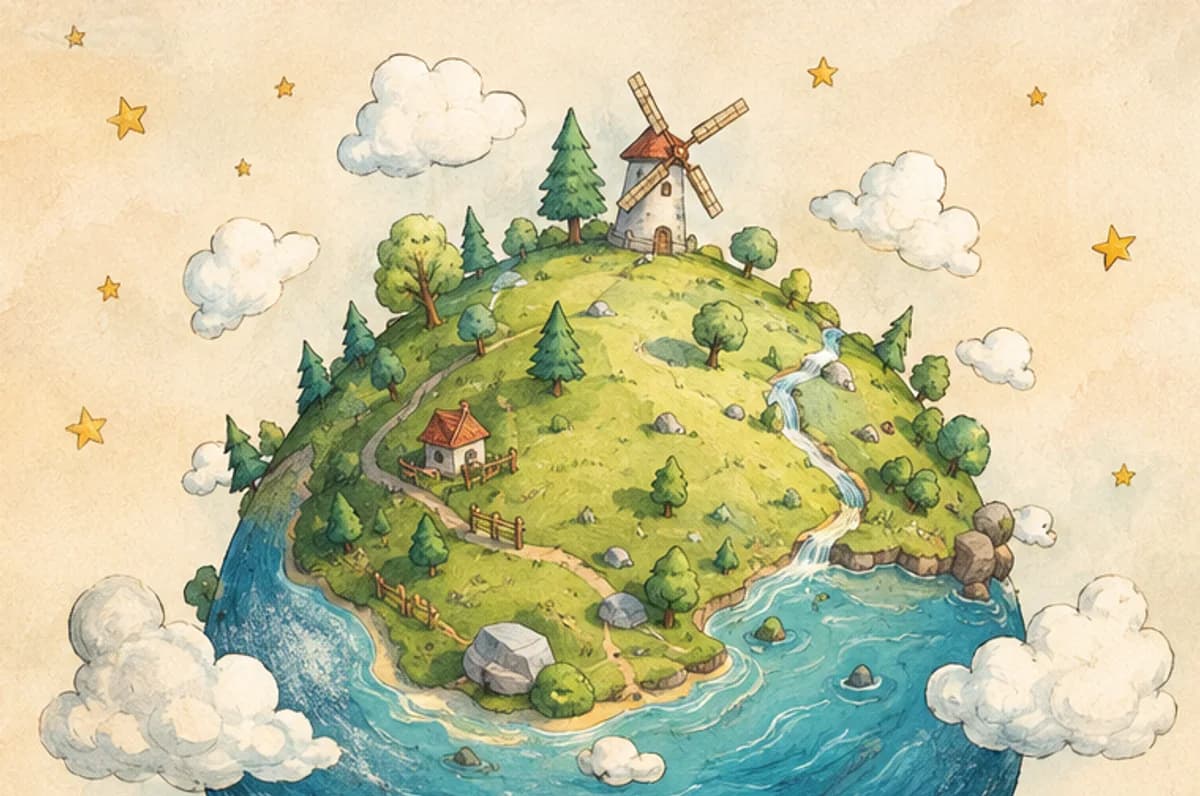Hand-drawn miniature green planet with trees, cottages and clouds