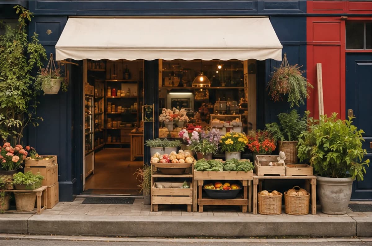 Warm navy neighbourhood shopfront with produce and flower crates