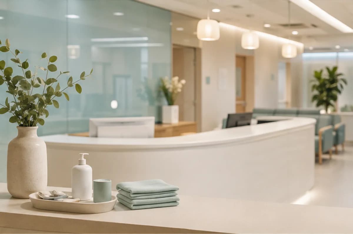 Warm modern healthcare reception with soft teal glass and plants