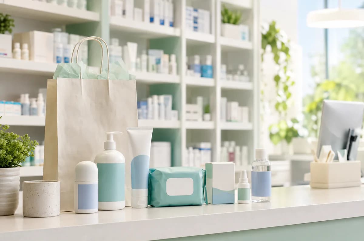 Unbranded health essentials on a bright mint neighbourhood pharmacy counter