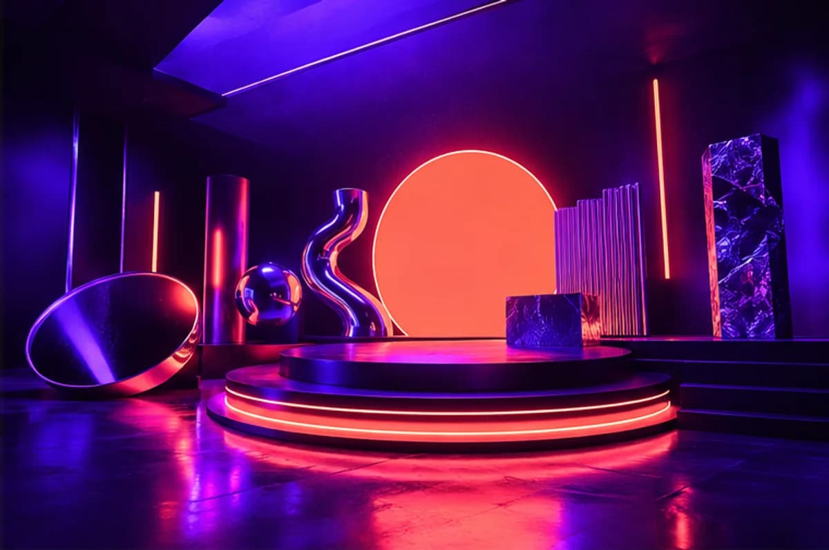 Ultraviolet performance stage with coral light and chrome sculptures