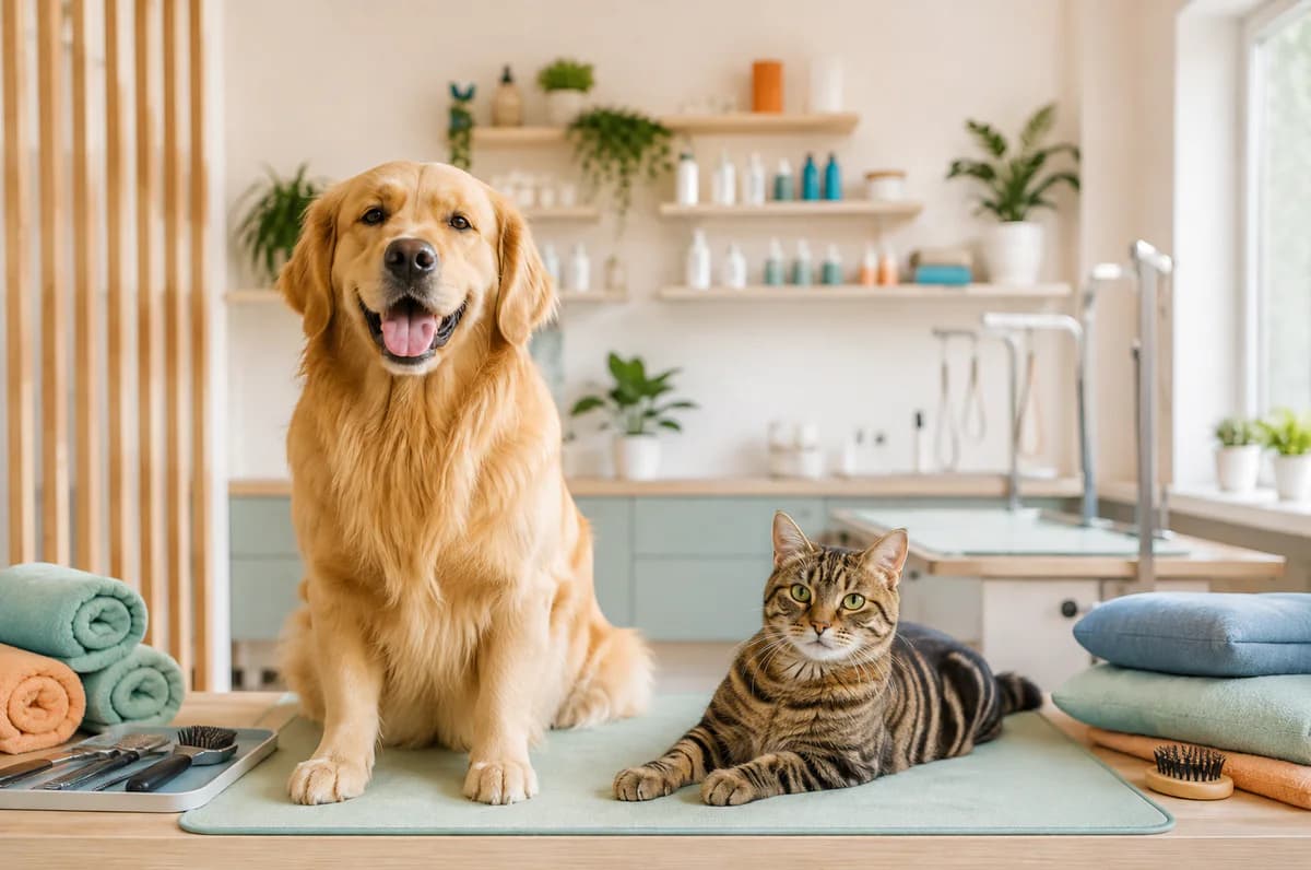 Happy golden dog and tabby cat in a cream, mint and orange pet-care studio