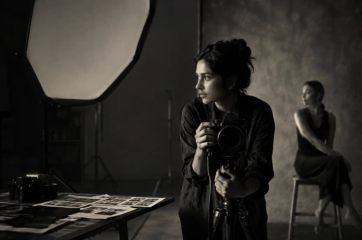 Fictional Indian woman photographer working in a cinematic black and grey studio