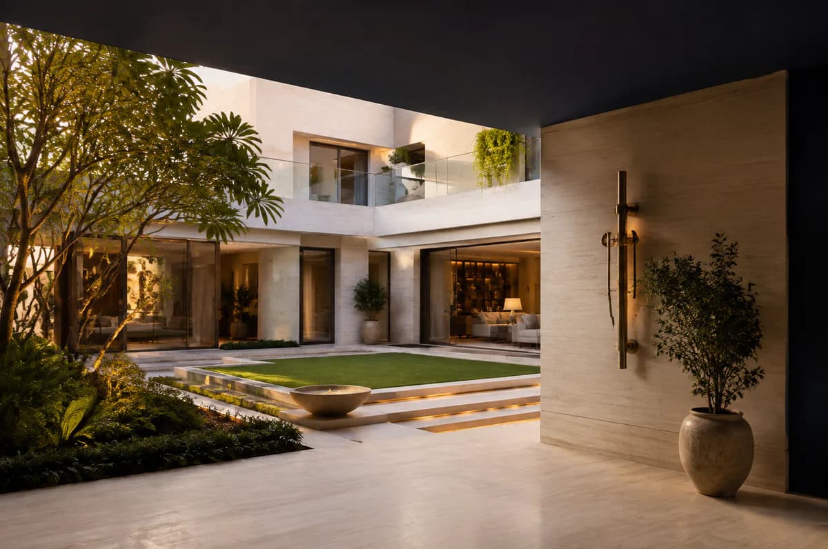 Elegant contemporary Indian courtyard home in cream stone at golden hour