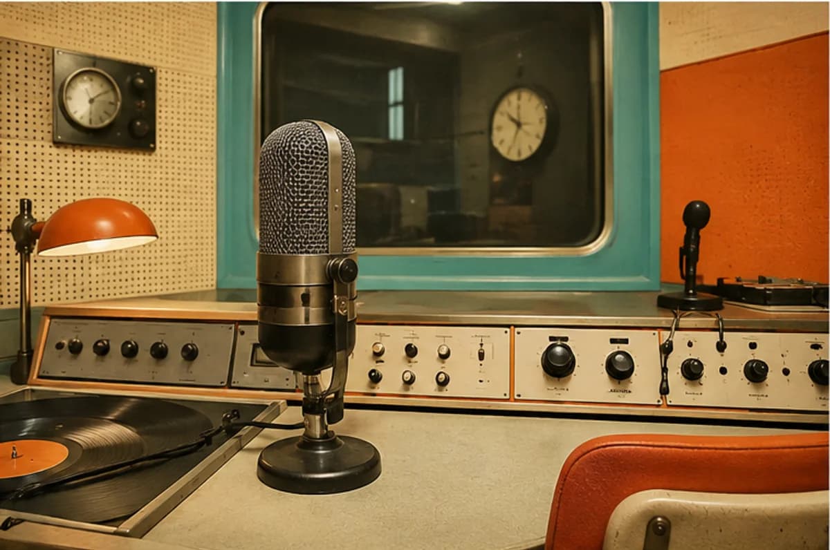 Warm mid-century radio studio with vintage microphone and analogue controls
