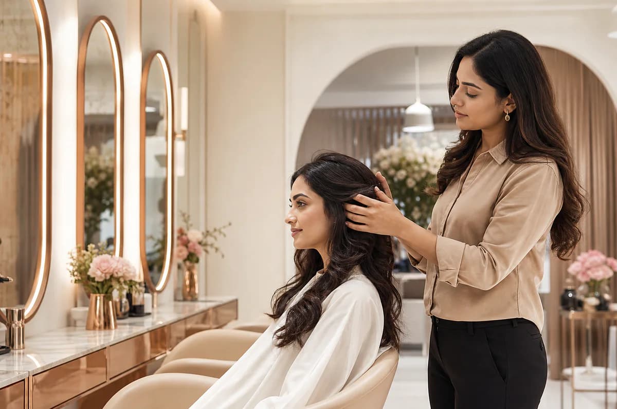 Fictional Indian stylist working in an elegant beige and rose-gold salon