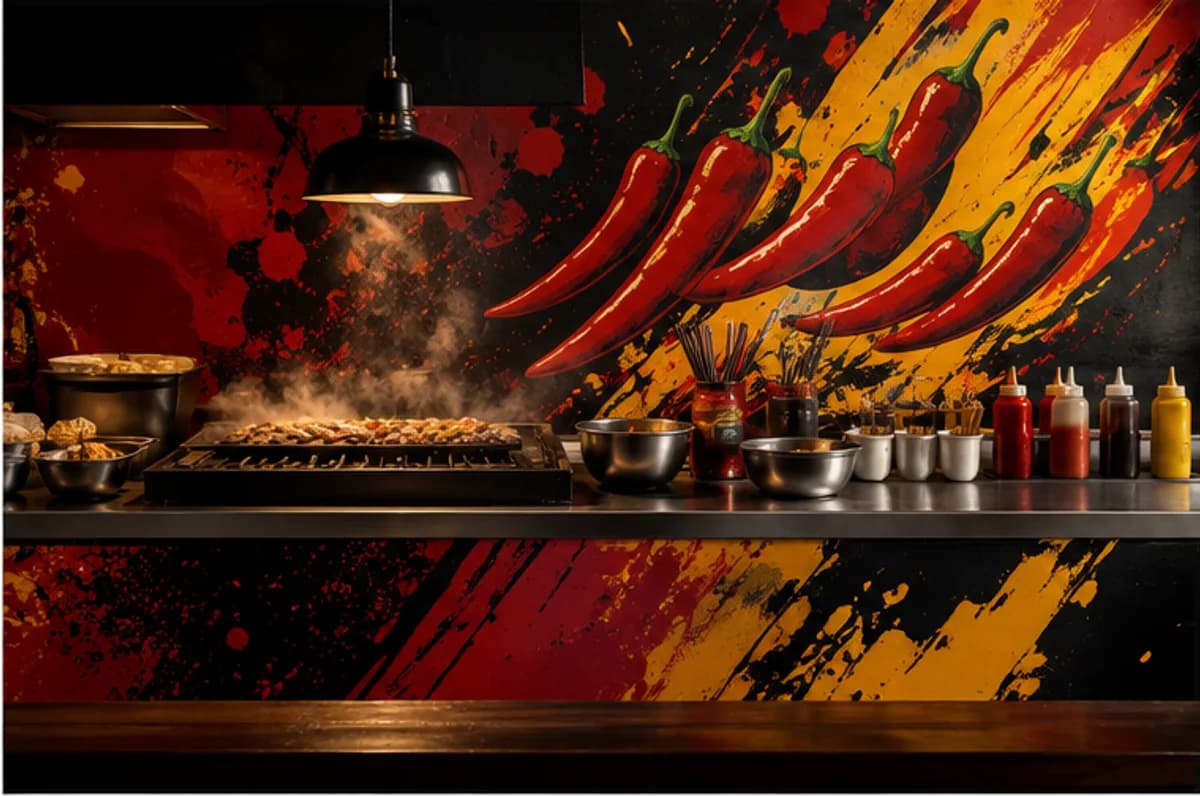 Vivid street-food counter with red chillies and painted red-yellow walls