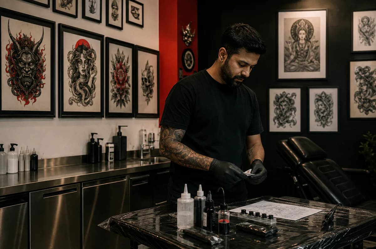 Fictional Indian tattoo artist in a clean black bone-white and red studio