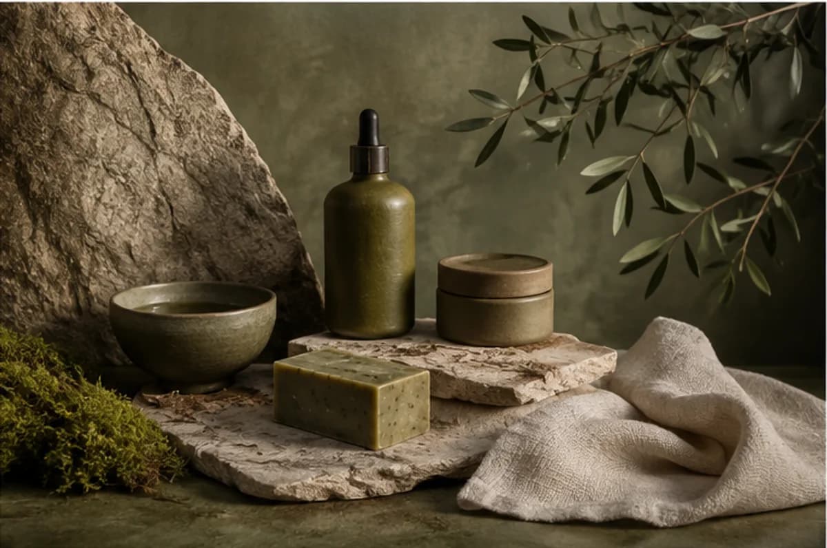Organic olive glass, clay, stone, linen and moss product still life