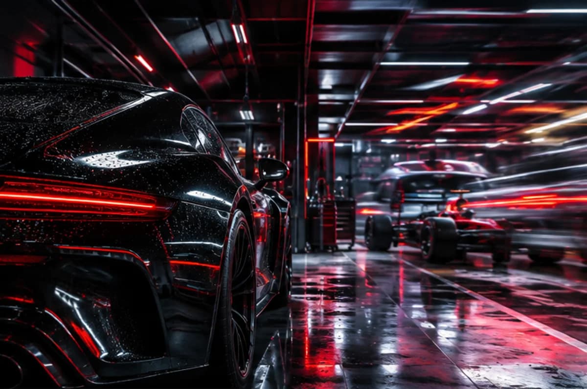 Unbranded black performance cars in a red-lit racing garage