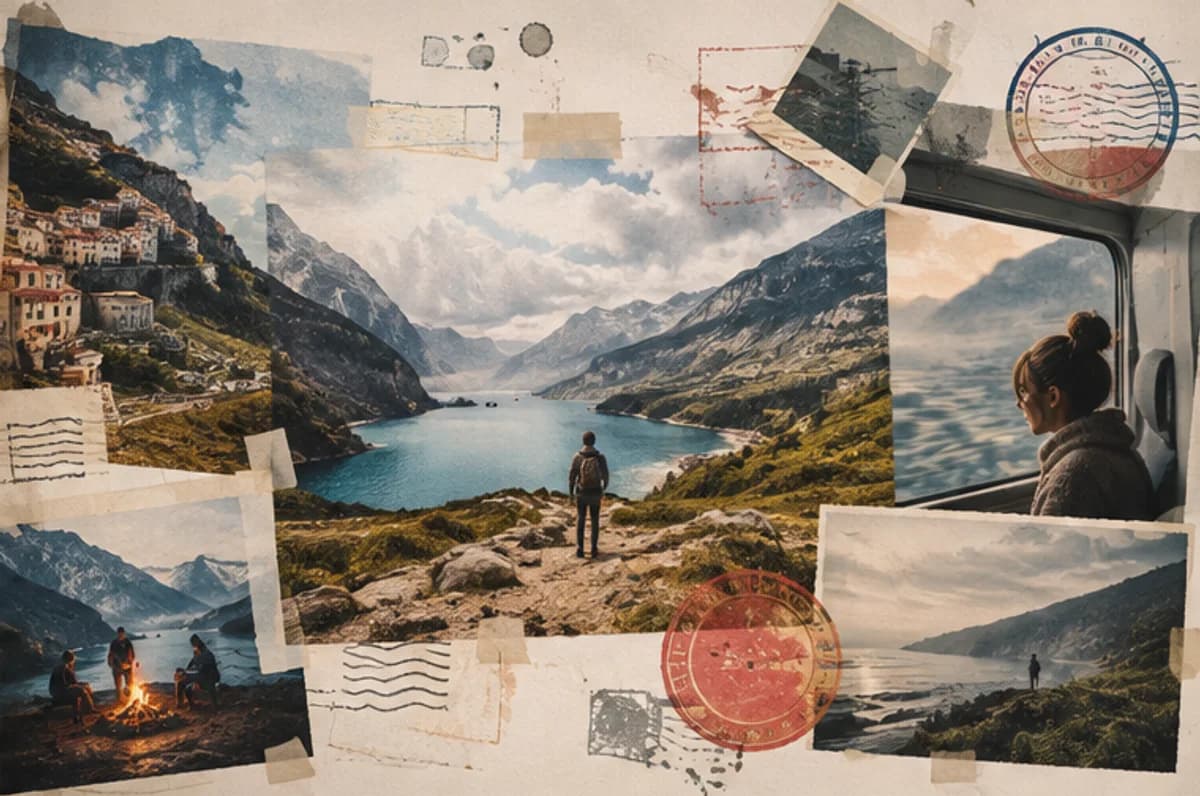 Layered analogue travel collage of mountains, lake and train journey