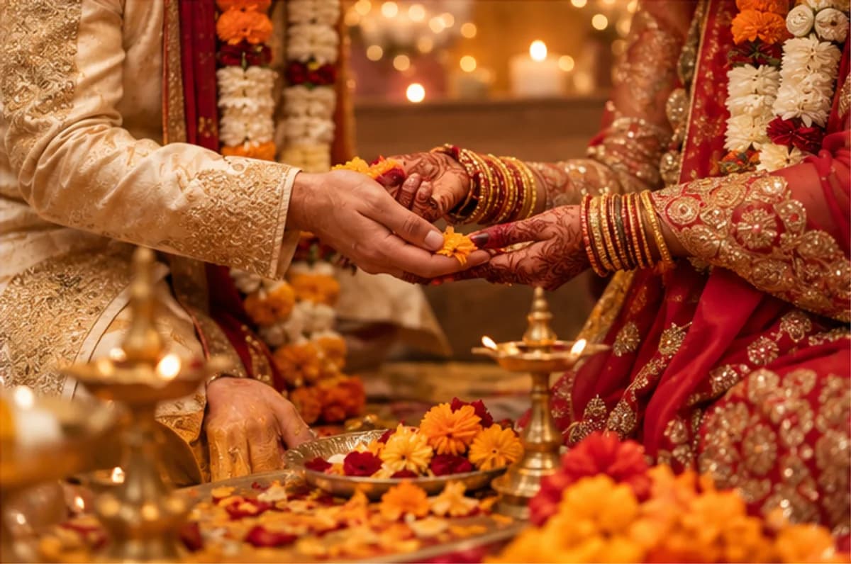 Indian wedding ceremony detail with marigolds, silk and joined hands