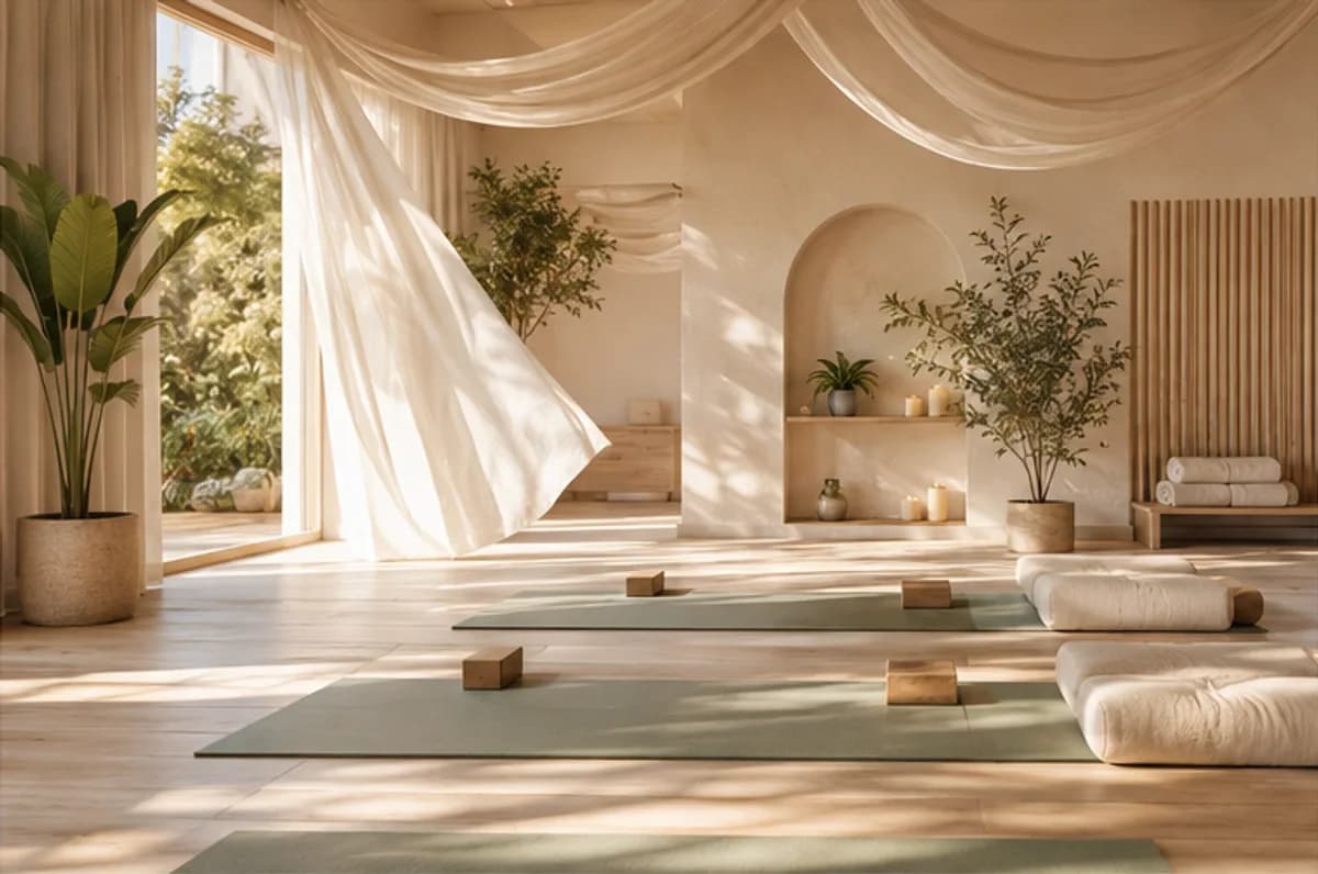 Sunlit calm yoga studio with linen, pale timber and plants