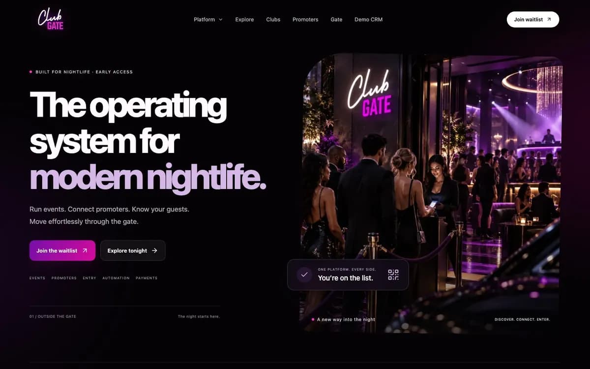 Club Gate homepage presenting its nightlife operations platform