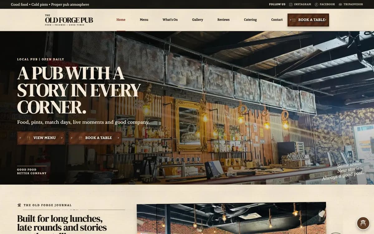 The Old Forge Pub homepage with its editorial pub interior presentation