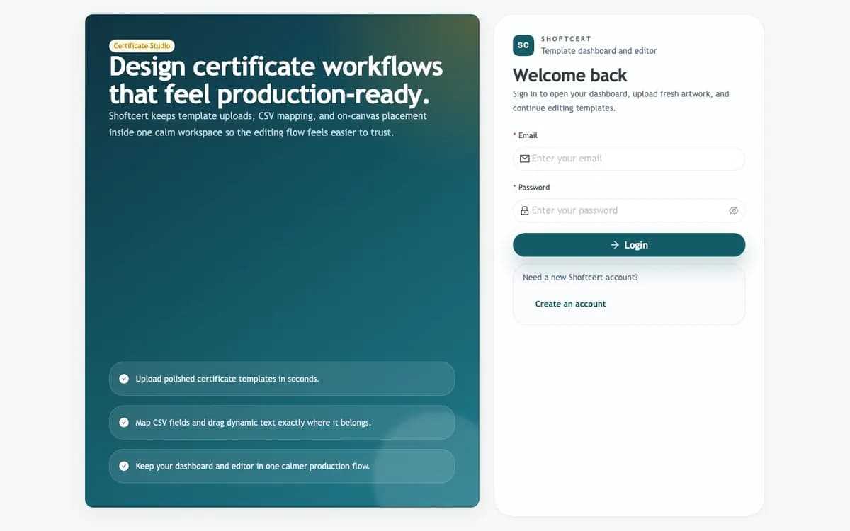 Shoftcert certificate workflow application sign-in experience