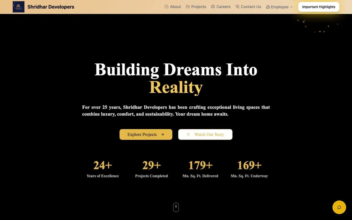 Shridhar Developers homepage with its real-estate project presentation